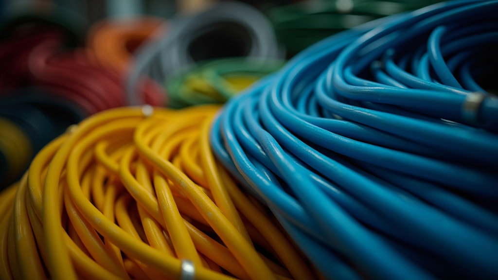 Nahaufnahme von Glasfaserkabeln in verschiedenen Farben, aufgerollt und organisiert in Installationskisten