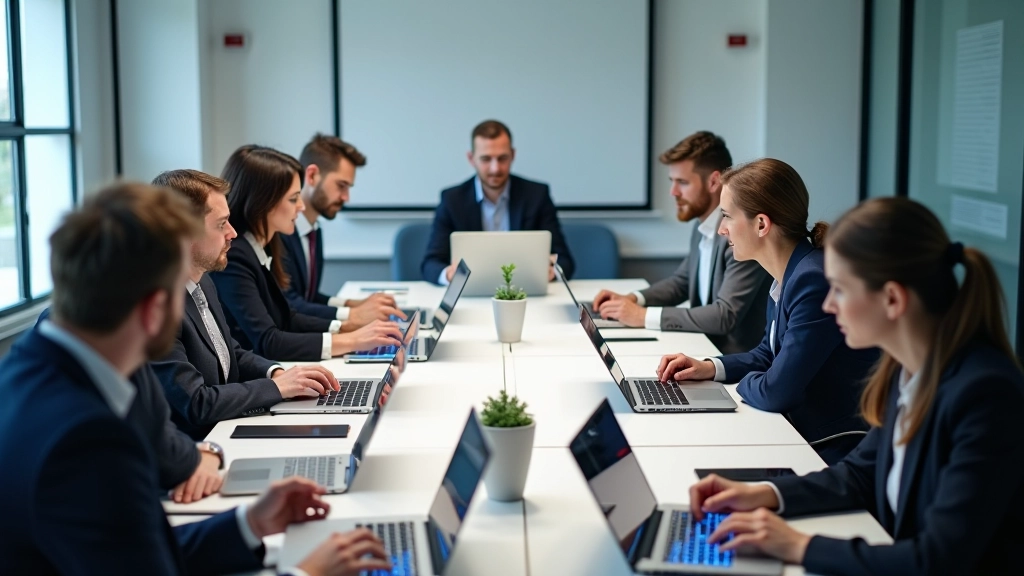 Professionelle Konferenzraum mit Teilnehmern, die an Tischen mit Laptops und Dokumenten arbeiten
