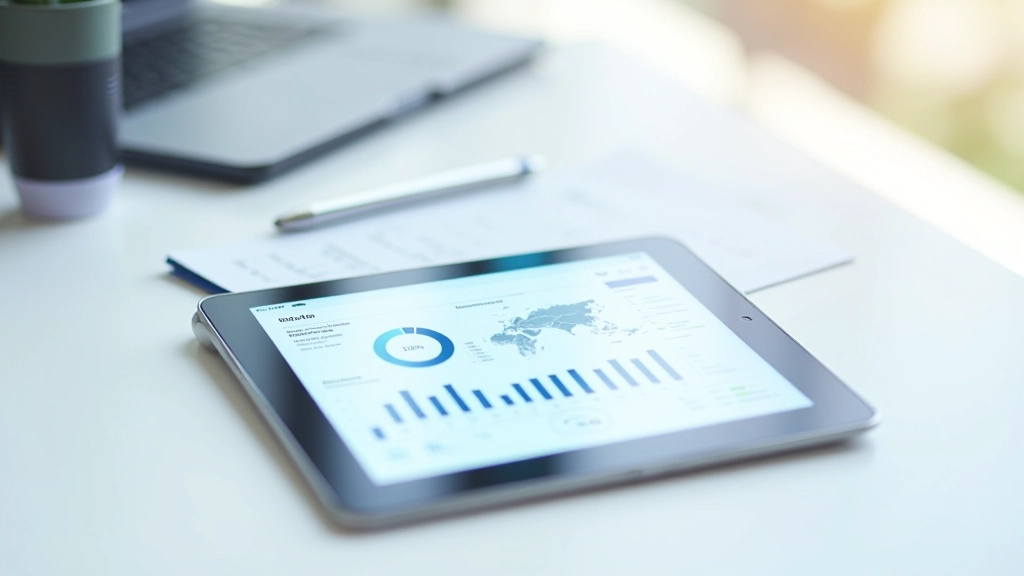 Tablet-Bildschirm mit Geschäftsgrafiken und Analysediagrammen in heller Umgebung