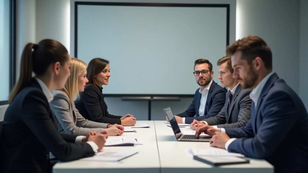 Gruppe von Fachleuten in Schulungssitzung mit Präsentationsmaterial und Notizen
