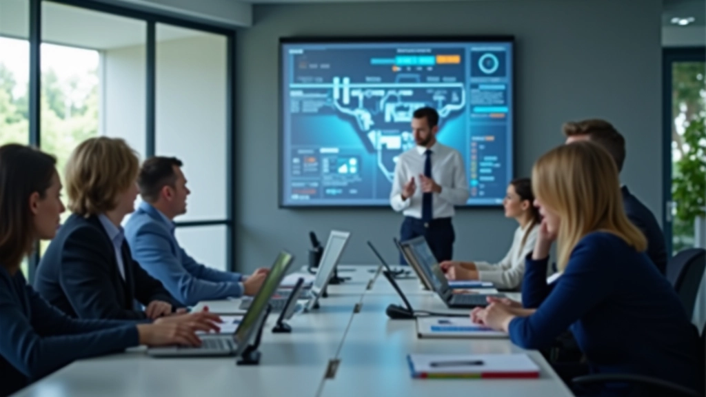 Diverse Gruppe von Fachleuten in modernem Schulungsraum mit digitalen Lerngeräten und interaktiven Displays