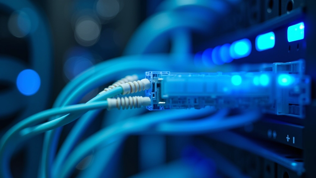 Glasfaserkabel und Netzwerkinfrastruktur in technischem Rechenzentrum mit LED-Beleuchtung