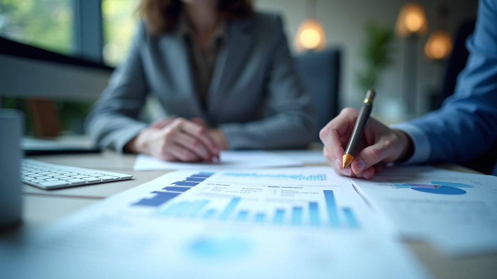 Finanzanalyst arbeitet an Schreibtisch mit Diagrammen und Geschäftsberichten, Datenanalyse und Wirtschaftsmetriken