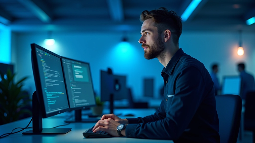 Softwareentwickler bei der Arbeit an modernem Arbeitsplatz mit mehreren Monitoren, Code auf Bildschirmen, modernes Tech-Office mit natürlicher Beleuchtung