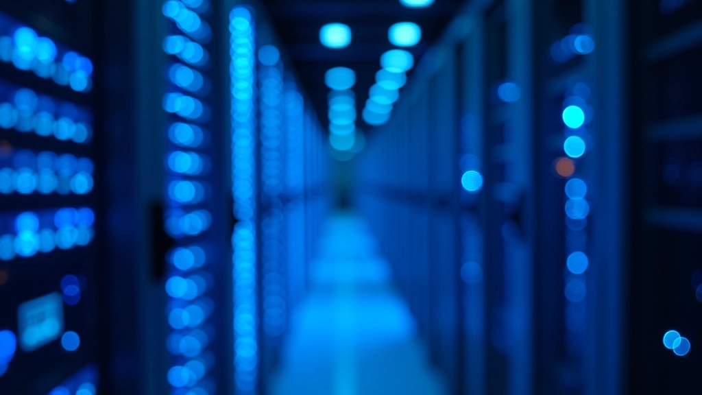Netzwerk-Infrastruktur mit leuchtenden Glasfaserkabeln und modernem Rechenzentrum, blaue LED-Lichter, technische Ausstattung
