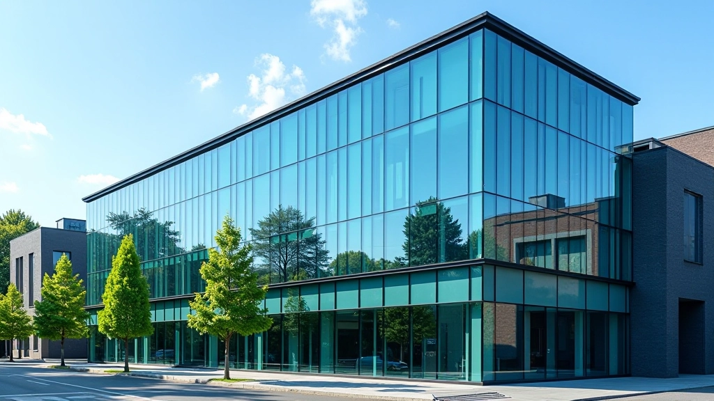 Modernes Bürogebäude mit Glasfassade und digitaler Beleuchtung in Berlin