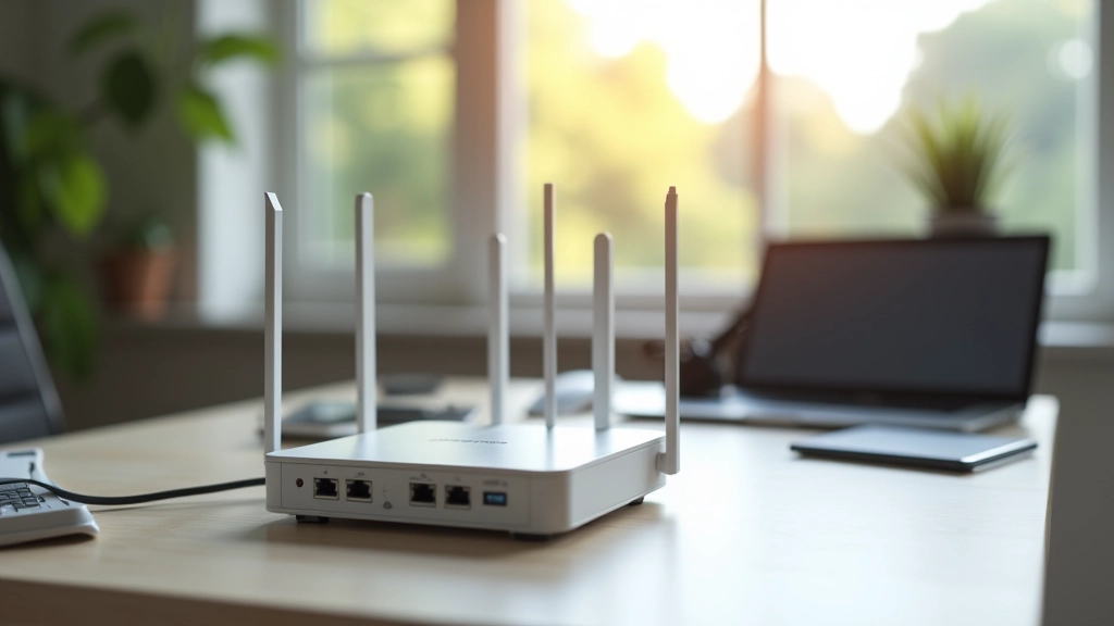 Moderne Büroumgebung mit Laptop und Glasfaser-Router auf Schreibtisch, Arbeitsplatz mit schnellem Internet