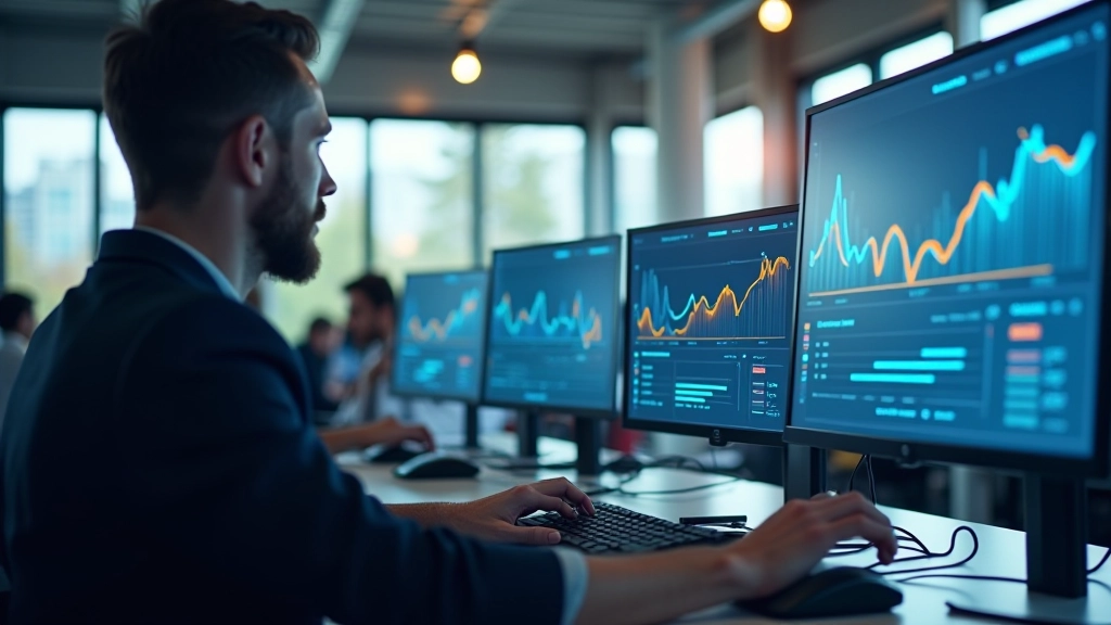 Moderne Büroumgebung mit mehreren Computermonitoren und digitalen Dashboards auf Schreibtischen
