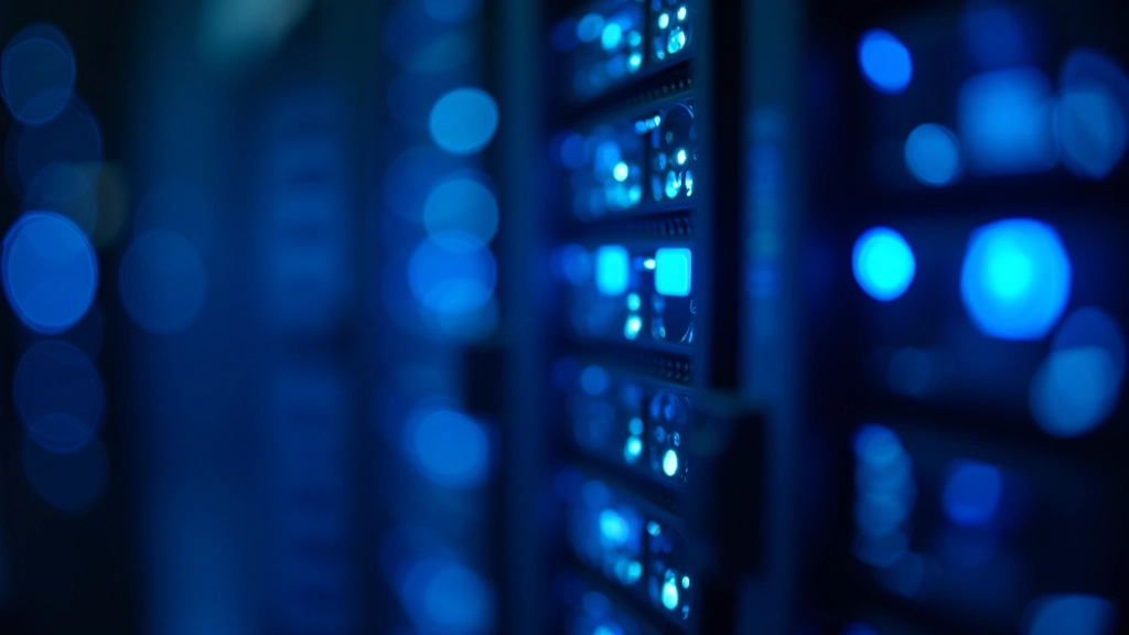 Nahaufnahme von Serverrack-Lichtern in Rechenzentrum mit blauer LED-Beleuchtung