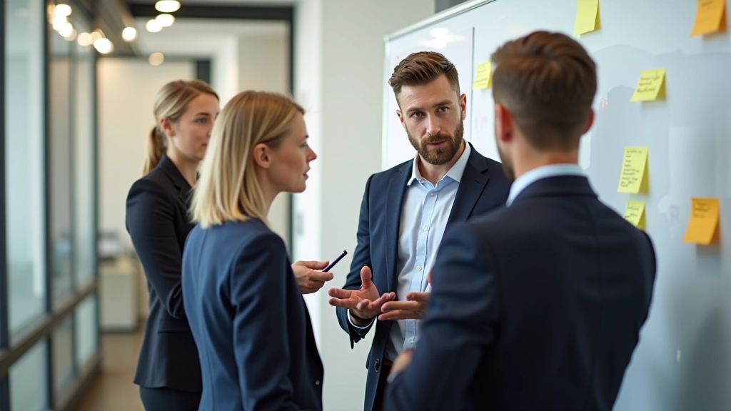 Team von Fachleuten beim Brainstorming mit digitalen Werkzeugen und Notizen an der Wand
