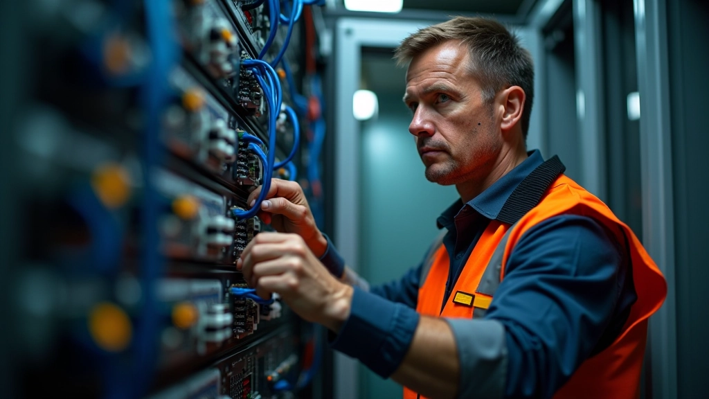 Techniker arbeitet mit Glasfaserkabeln in Verteilerkabinett, Nahaufnahme der Kabelverbindungen mit farbigen Fasern