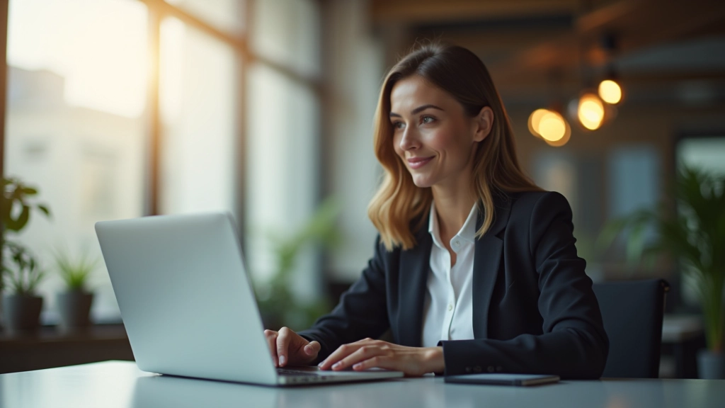 Frau in modernem Büro mit Laptop, konzentriert auf Bildschirm mit Datenvisualisierungen